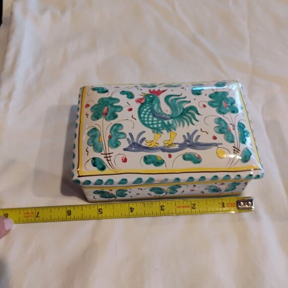 Vintage Italian Deruta Pottery Ceramic Rooster Trinket Box w/Lid Hand Painted - Picture 8 of 12